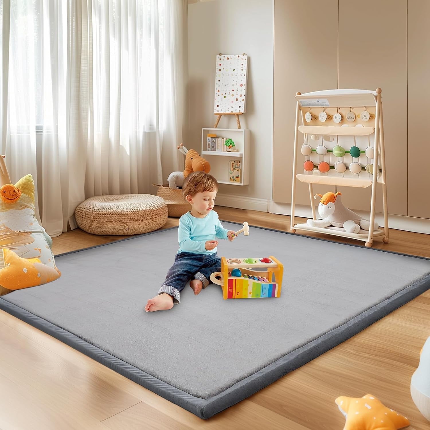 BESTSKY Baby Play Mat for Floor, 1.4In Thick Memory Foam Padded Play Mats for Baby, Soft Velvet Infants Toddler Kids Play Mat Non-Slip Bottom, Crawling Baby Rugs for Nursery 70x79in