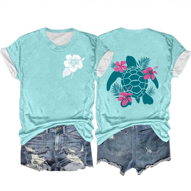 Mujeres Océano Impresión Casual Top, Manga Corta Cuello Redondo Blusa para la Primavera Y el Verano de Uso, Camiseta de Moda, Toda la Temporada de la Fiesta
