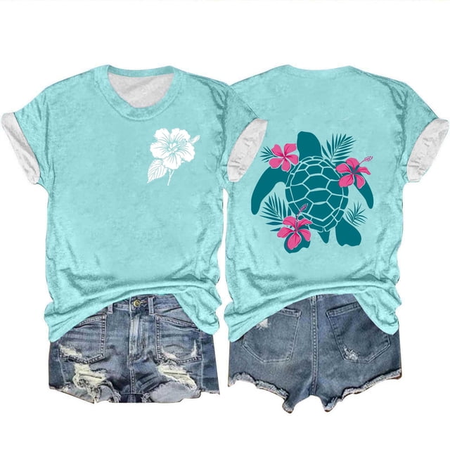 Mujeres Océano Impresión Casual Top, Manga Corta Cuello Redondo Blusa para la Primavera Y el Verano de Uso, Camiseta de Moda, Toda la Temporada de la Fiesta