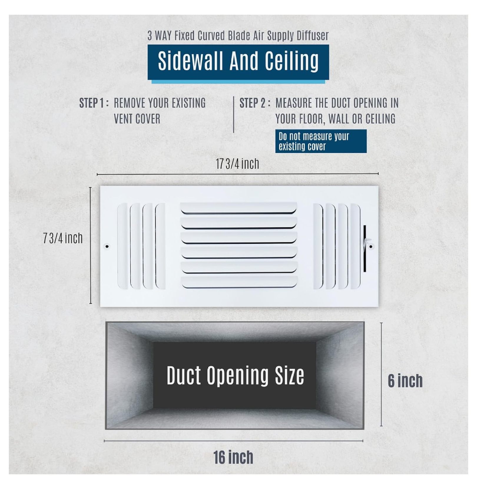 [3 Pack] Fits 16x6 Duct Opening 3 Way Fixed Curved Blade Air Supply Diffuser by | Register Vent Cover Grille for Sidewall and Ceiling | White | Out. Dim.: 17.75" X 7.75"