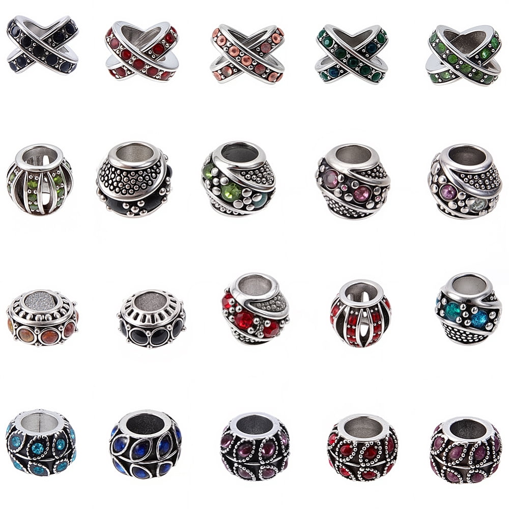 5 Styles 70PCS European Large Hole Beads Alloy Rhinestone Silver Barrel Letter X Rondelle Leaf Metal Charms Loose Spacer Bead