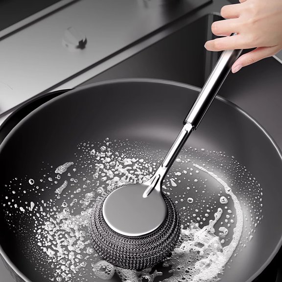 Long Handle Stainless Steel Scrubber Brush - Multipurpose Cleaning Tool for Dishes, Pots, Pans and Grill Surfaces - Silver