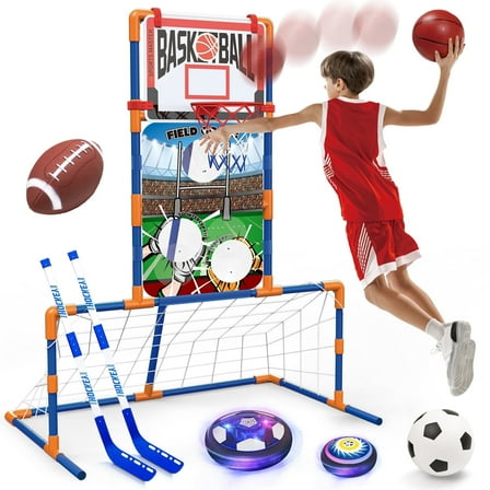 Hot Bee 5 in 1 Sports Center Basketball Hoop Toys for Boys 3 4 5 6 7 8   Years Old, Soccer Goal, Hover Ball, Bean Bag Toss and Hockey for Kids Toddlers Outdoor Toys
