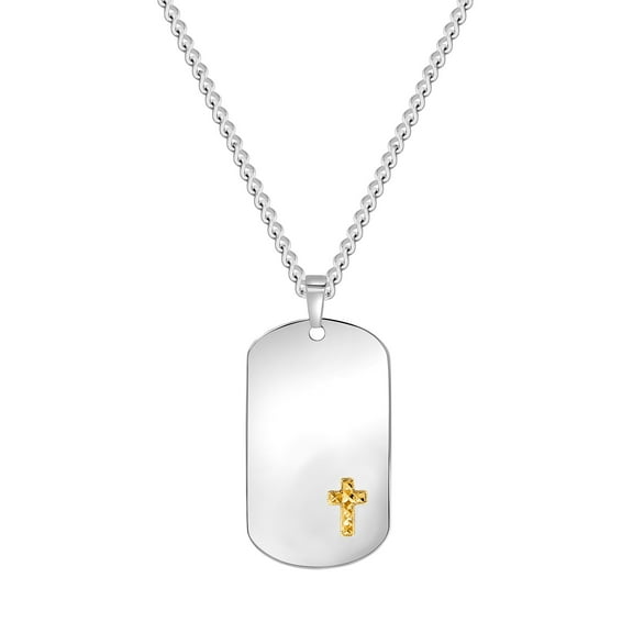 14K Gold Diamond Cut Cross on Stainless Steel Polished Dog Tag, 24" Chain Pendant Necklace, Religious Men's Jewelry