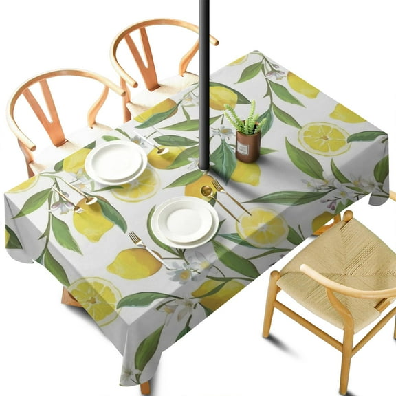 Outdoor Lemon Tablecloth with Umbrella Hole and Zipper,Rectangle Waterproof Wrinkle Free Table Cloth Decorative Fabric Washable Table Cover for Patio, Party, Picnic 60 X 102 Inch