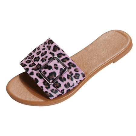 

ZIZOCWA Leather Ladies Flat Slippers Fashion Leopard Print Open Toe Metal Buckle Flip Flops Comfortable Summer Casual Sandals Women Pink Size8.5