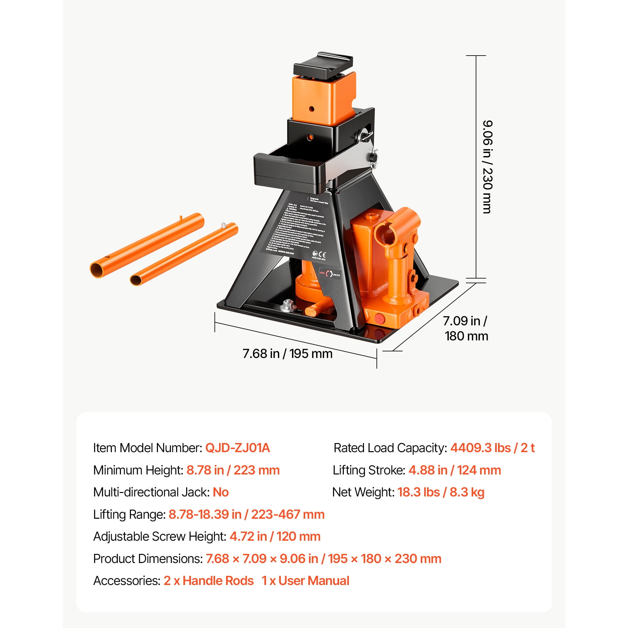 KFFKFF Hydraulic Bottle Jack and Stand Combo,2-Ton Capacity , Suitable for Compact Cars, Subcompact Cars, and Motorcycles, Lifting Range: 8.78"-18.39", Durable Vehicle Support with Stable Base