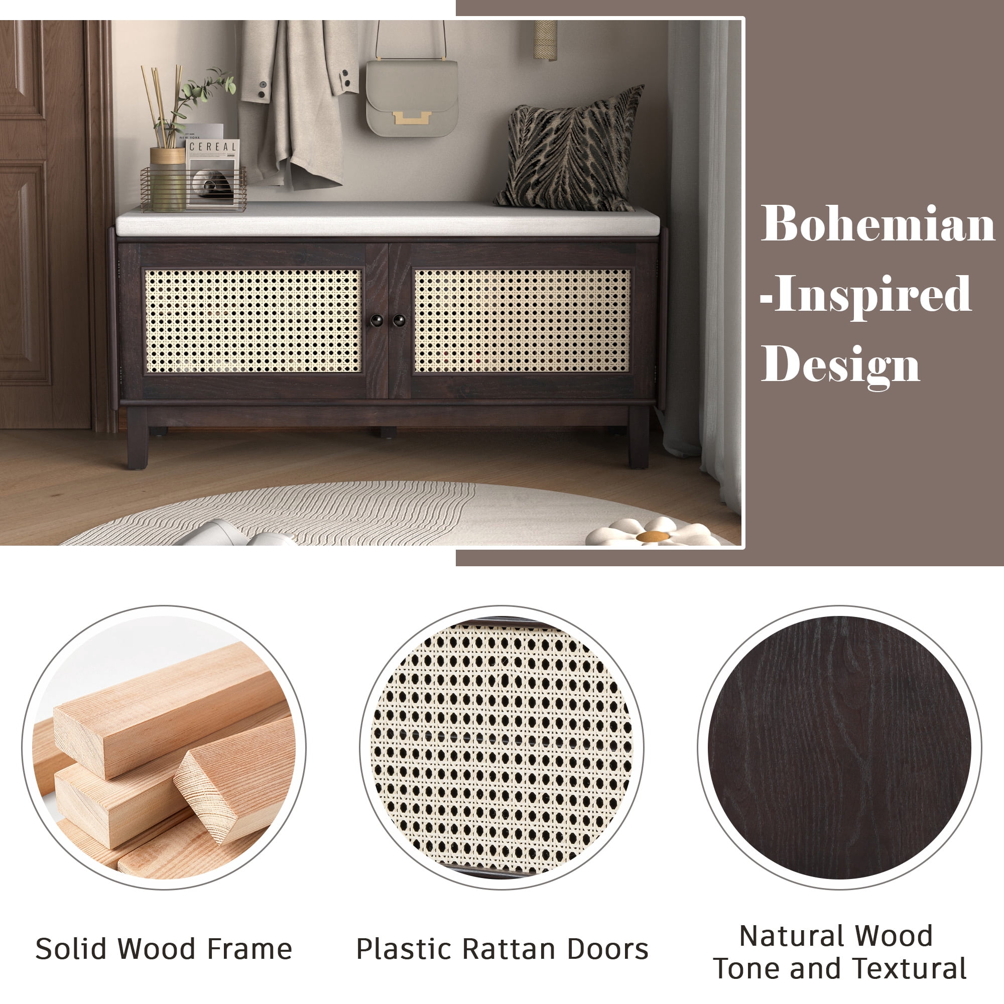 Euroco Boho Rattan Entryway Bench with Storage, Cushioned Shoe Bench with Double Doors, Wooden Shoe Organizer Bench for Entryway and Hallway (Espresso+Beige )