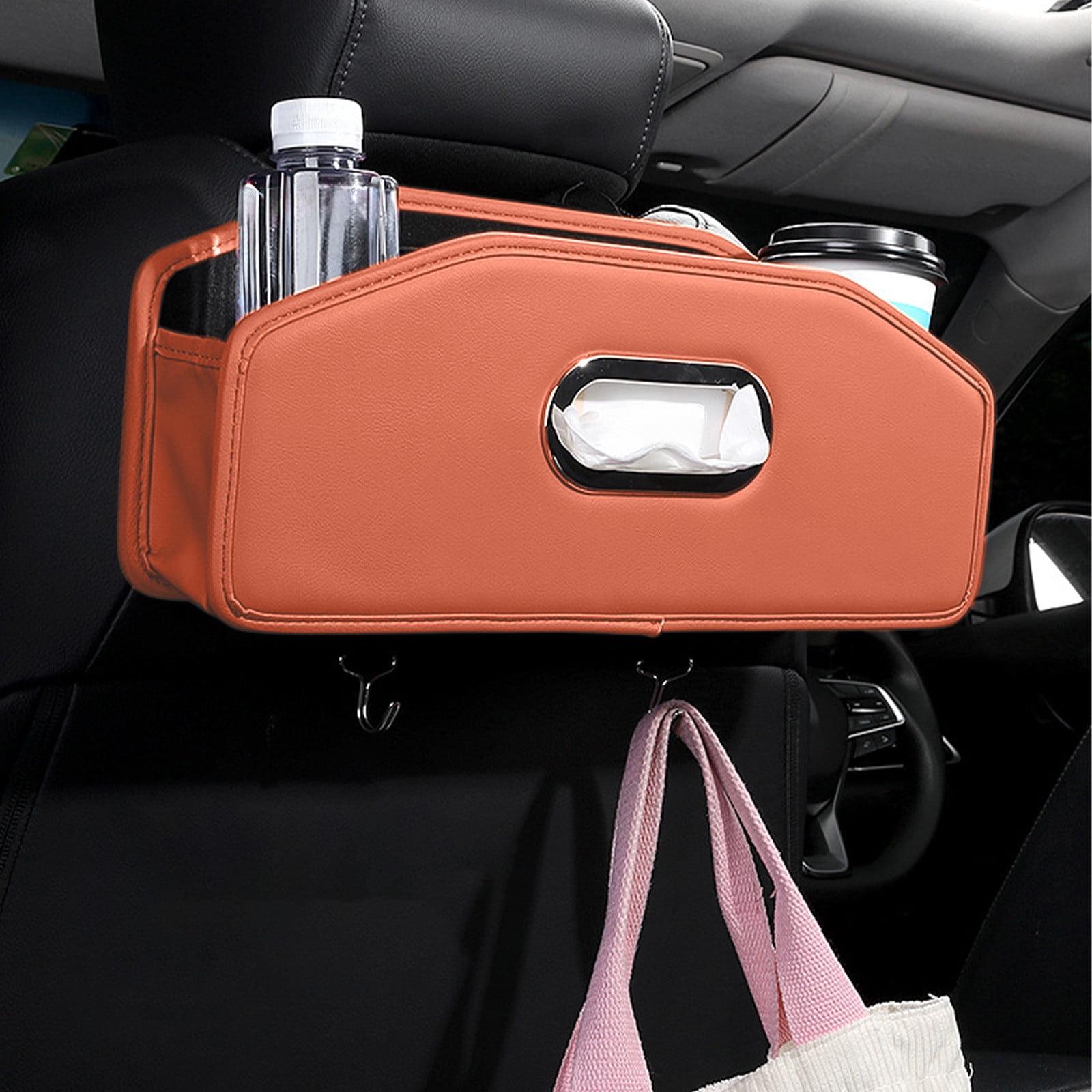 Car Headrest BackSeat Organizer with Cup Holder and Paper Towel Case - Hangable Storage Box for Car Backseat, Interior Decoration, Multifunctional Auto Travel Accessories