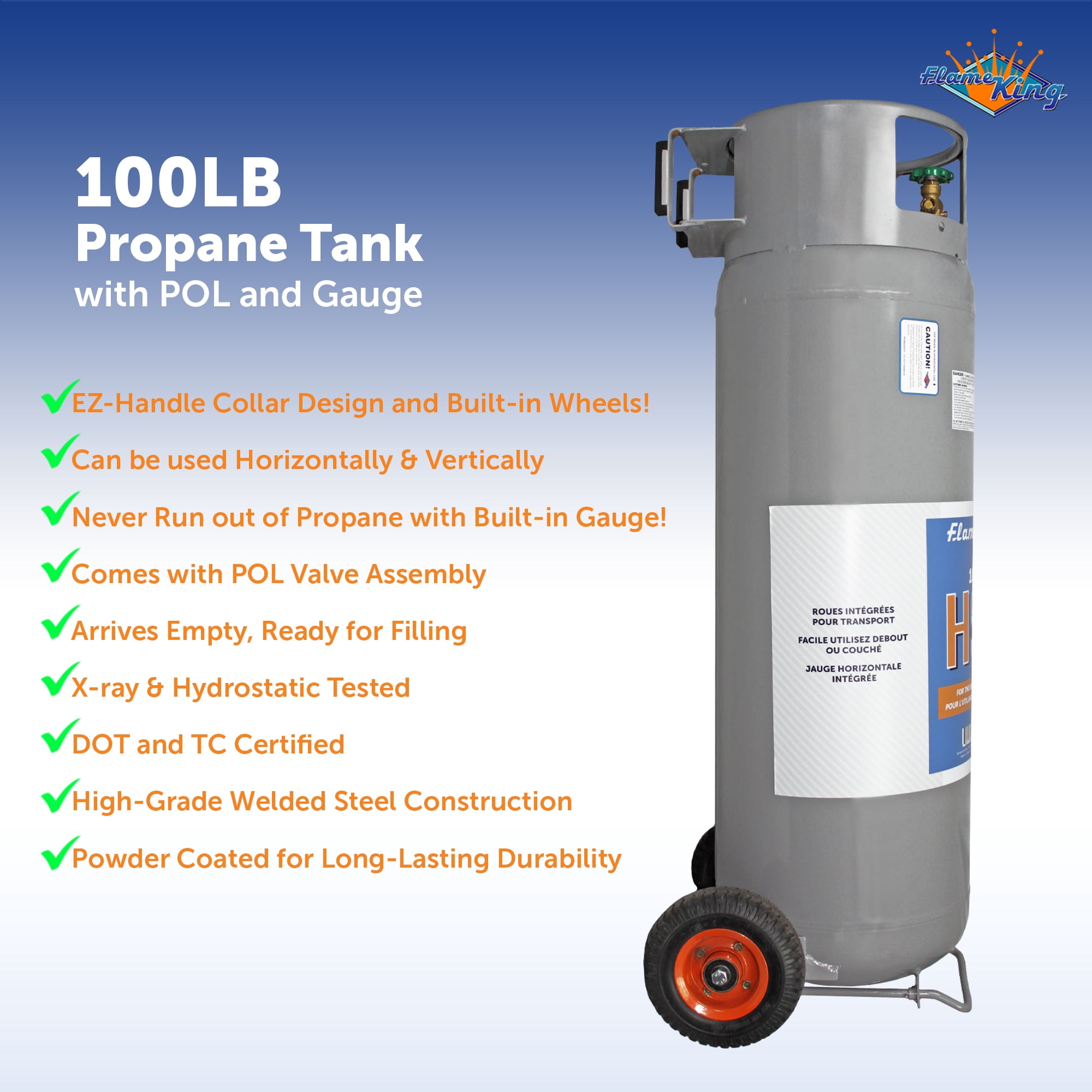 Flame King Horizontal and Vertical Propane Tank, LP Propane Cylinder with Dolly Cart Wheels, 100 lbs