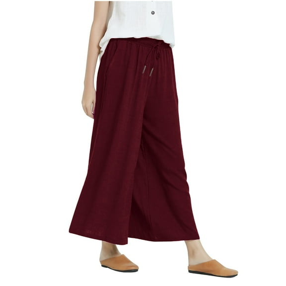 Lmnyox Women's Summer Beach Pants Lightweight Wide Leg Trousers Elastic Waist Cotton Linen Lounge Pants