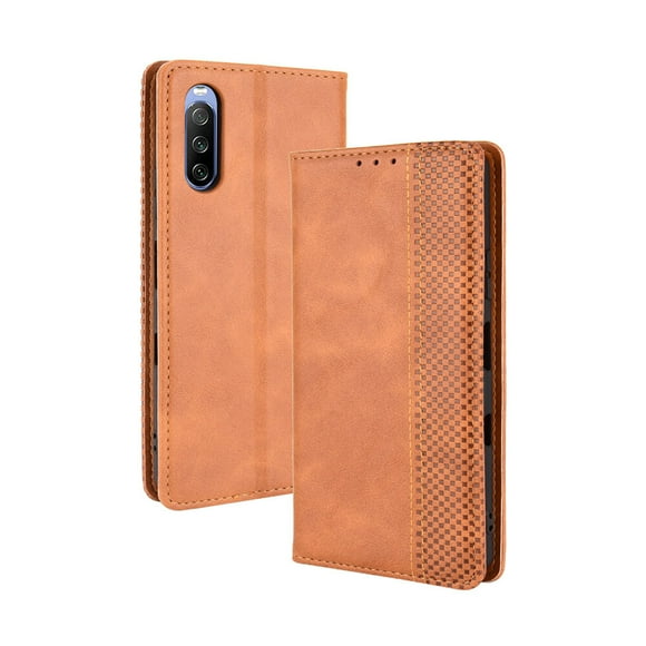 Compatible with Sony Xperia 10 III Case Magnetic Closure Vintage Pattern PU Leather Wallet Cover with Card Slots-Brown