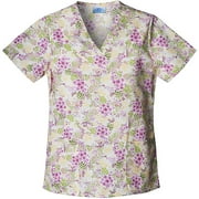 Shaped V-Neck Bias Plaid Floral Print Scrub Top