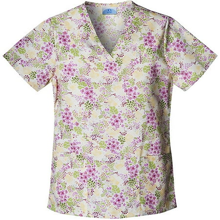 Shaped V-Neck Bias Plaid Floral Print Scrub Top