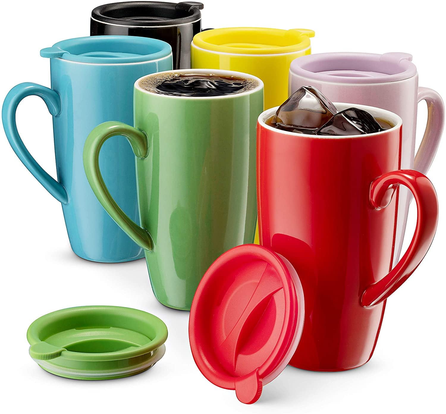 MITBAK 6 Pack Ceramic Coffee Mug Set With Lids 16 Ounce Large 