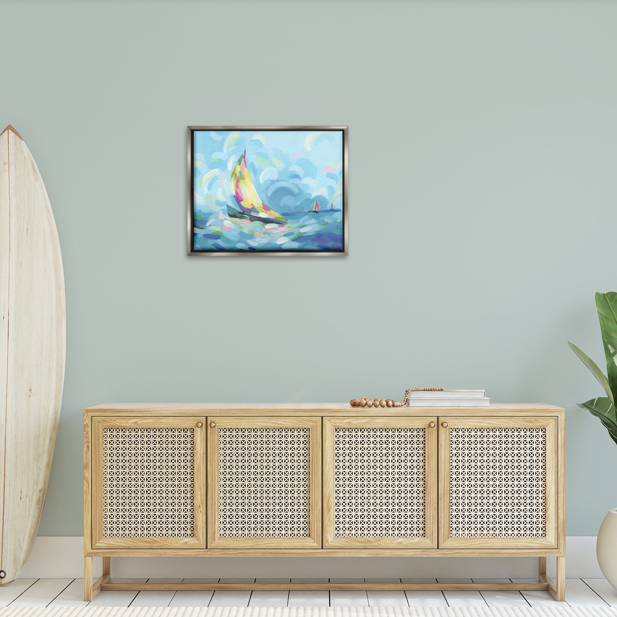 Stupell Industries Abstract Sailboat Scenery Nature Painting Gray Floater Framed Canvas Art Print Wall Art, 31 x 25
