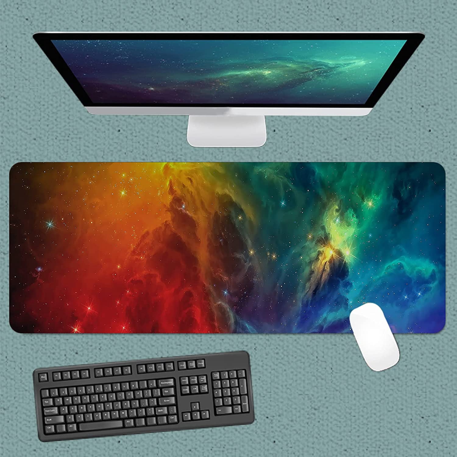 Mouse Pad Fantasy Galaxy Design 31.5x11.8 Inch Non-Slip Large Gaming Mouse Pad, Red and Blue Starry Office Desk Mouse Mat, Waterproof Rectangle Shape Rubber Mousepad for Wireless Mouse Laptop BDZZSE6