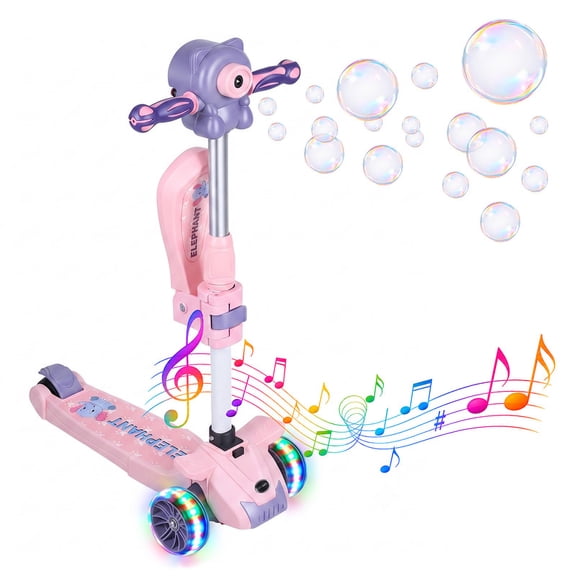 3-Wheeled Scooter for Kids - Seat, Cool LED Light-Up Wheels, Built-in Bubble Machine, Adjustable Height Foldable Scooter for Toddlers
