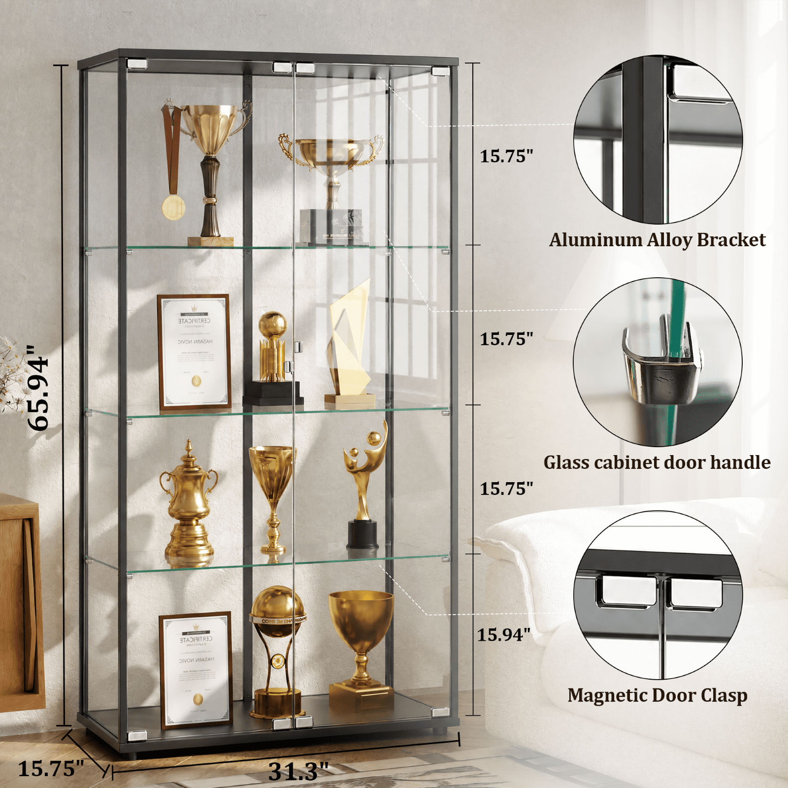 BEAUTYPEAK 4-Tier Display Cabinet with Glass Doors, Double-Door Curio Cases with Aluminum Frame, Black Panels