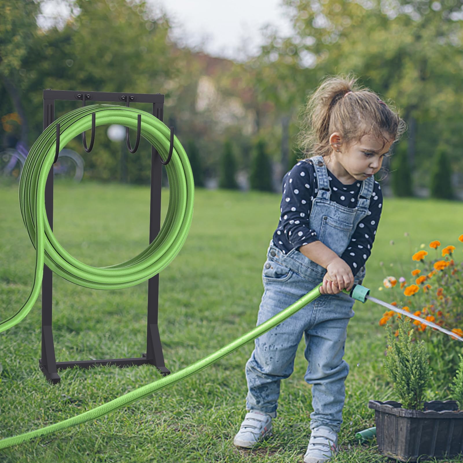 Yacona Garden Hose Holder, Freestanding Hose Reel Hanger for Outside with 4 Spikes, Water Hose Storage for Garden Yard Lawn, Black
