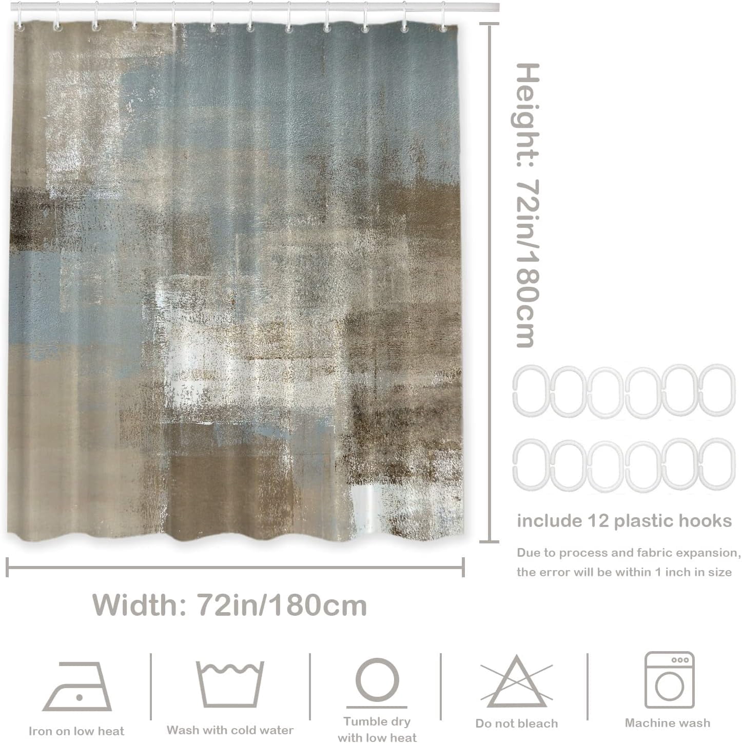 Taupe Squares Texture Decor Shower Curtain,Grey and Beige Abstract Painting Bathroom Decor Polyester Fiber Plastic Rings Quick-Drying Waterproof for Bathtubs/Bathroom, 72x72 inches