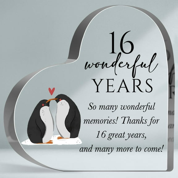 Anniversary Romantic Gifts for Couples, Happy 16 Wonderful Years Heart Shape Acrylic Sign, Happy Anniversary Decorative Keepsake for Husband Wife, Home Desk Acrylic Plaque