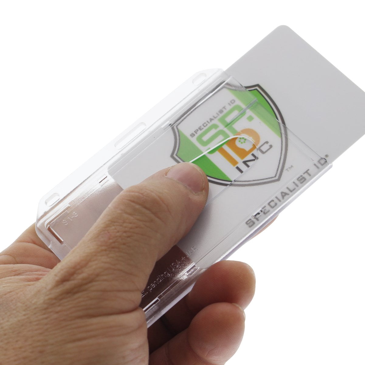 Bulk 50 Pack - Slim Heavy Duty Horizontal ID Badge Holders - Hard Plastic (Holds 1 Card) Clear Polycarbonate - Single CR80 30 Mil - Rigid Case Easy Access with Thumb Notch Dispenser by Specialist ID