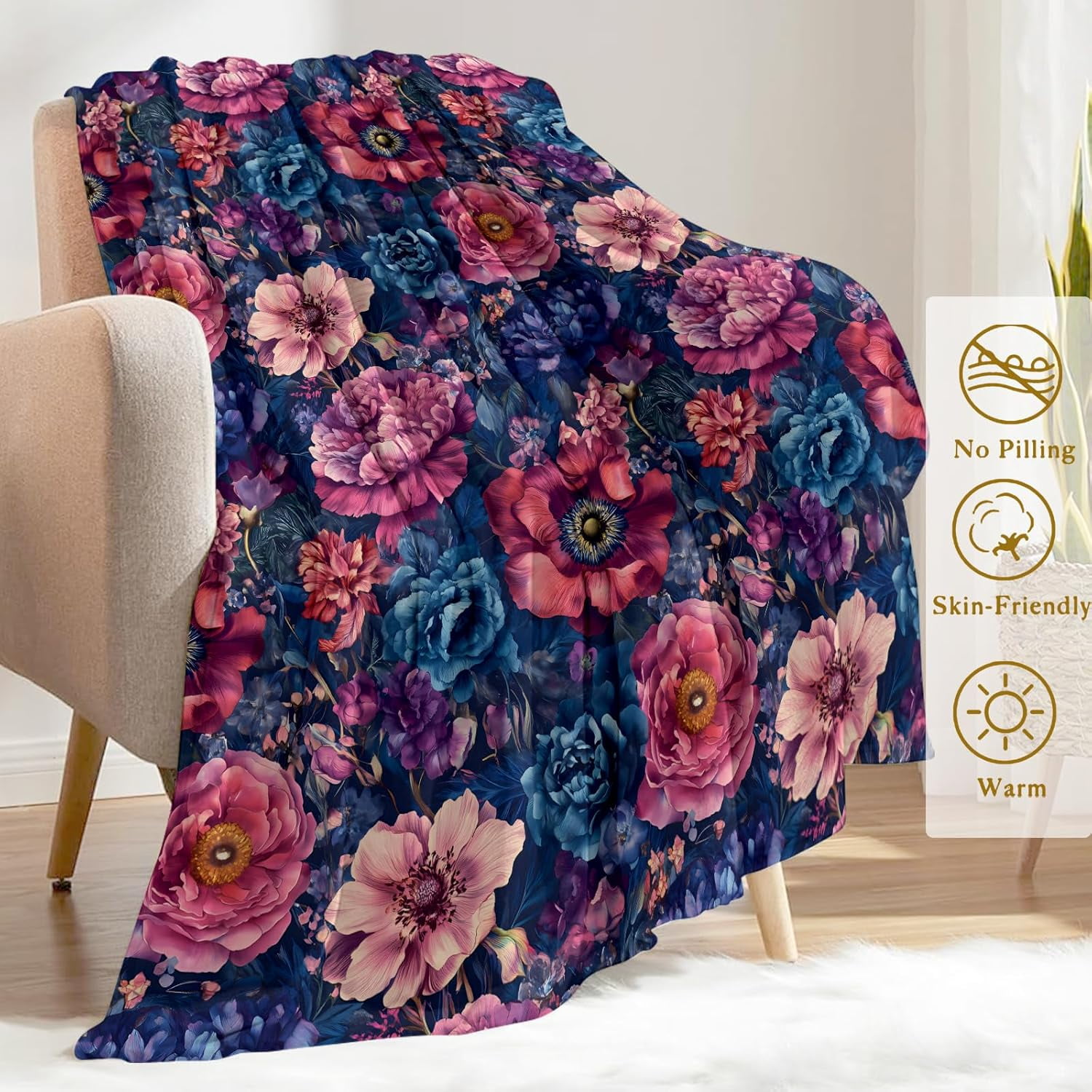 Vintage Floral Flannel Blanket - Lightweight Soft Cozy Unique Gifts Blankets for Flower Lovers,Users,Adult,Women,Elegant Dark Throw,Home Room Modern Retro Decor 40x50in