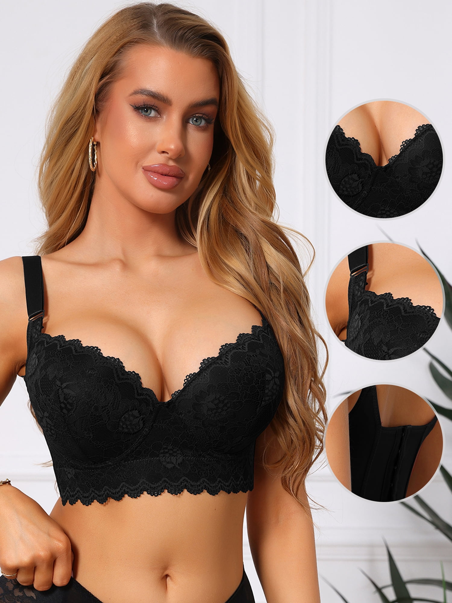 DARING DIVA Women's Underwire Bra Lace Bralettes Full Coverage V Neck B 34 Black