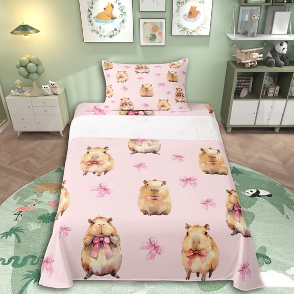 Erosebridal Kids Cute Capybara Twin Sheet Sets 3pcs,Boys Girls Cartoon Bow Animal Bedding,Ultra Soft Home Decor
