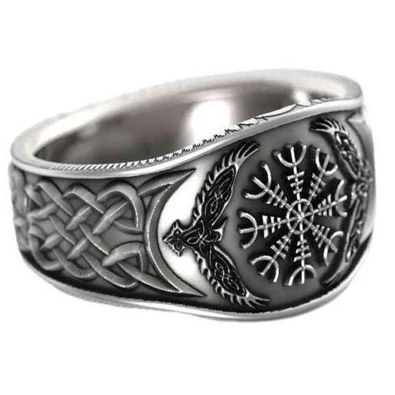 MayiaHey Vegvisir Ring, Pirate Compass Ring for Men, Helm of Awe Rune Ring Norse Viking Valknut Odin Symbol Ring Odin Jewelry, Vintage Celtic Knot Ring Nordic Hawk Eagle Raven Ring