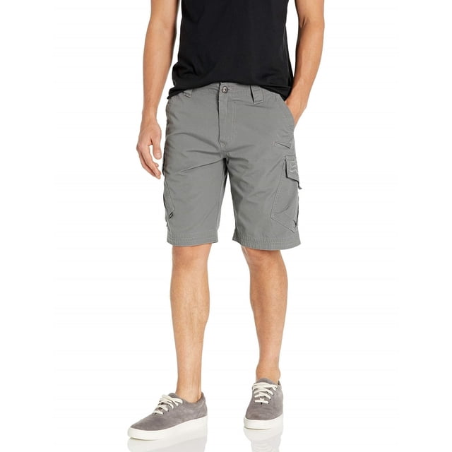 Fox Shorts Cargo en Coton Coupe Classique Slambozo pour Hommes 22 Pouces Couleur Métal Canon, Taille 44W. Ces Shorts Offrent une Coupe Classique avec Braguette Zippée, Fermeture à Bouton et Boucles de Ceinture. Ils Comprennent Deux Poches avant pour les Mains, Deux Poches Latérales Cargo et Deux Poches Arrière avec Fermetures à Rabat. Fabriqués en Coton 100 %, Ils Sont Lavables à la machine et Ont une Longueur Extérieure d'Environ 22 Pouces.