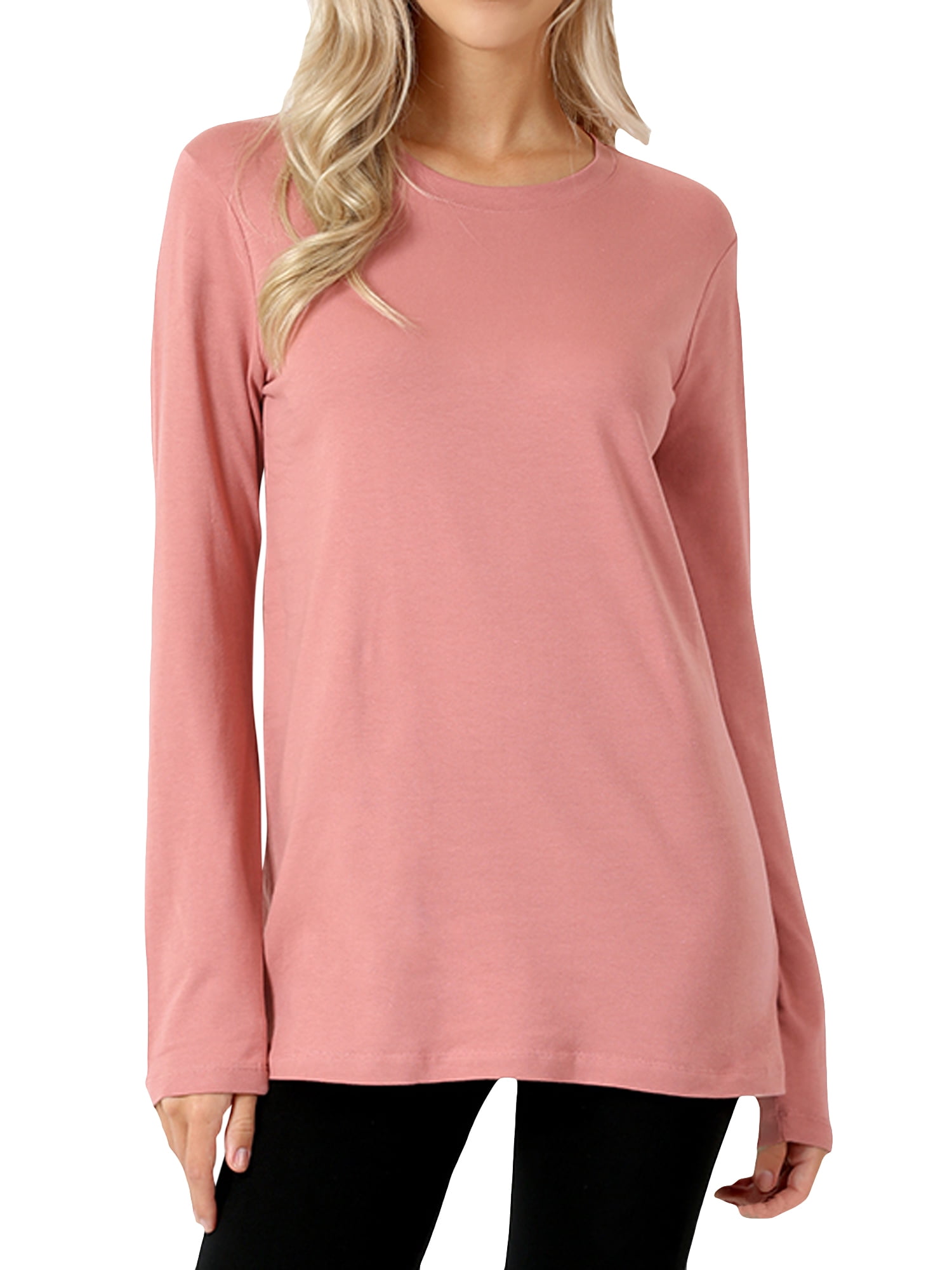 Women Basic Round Crew Neck Long Sleeve Stretch Cotton Spandex TShirts