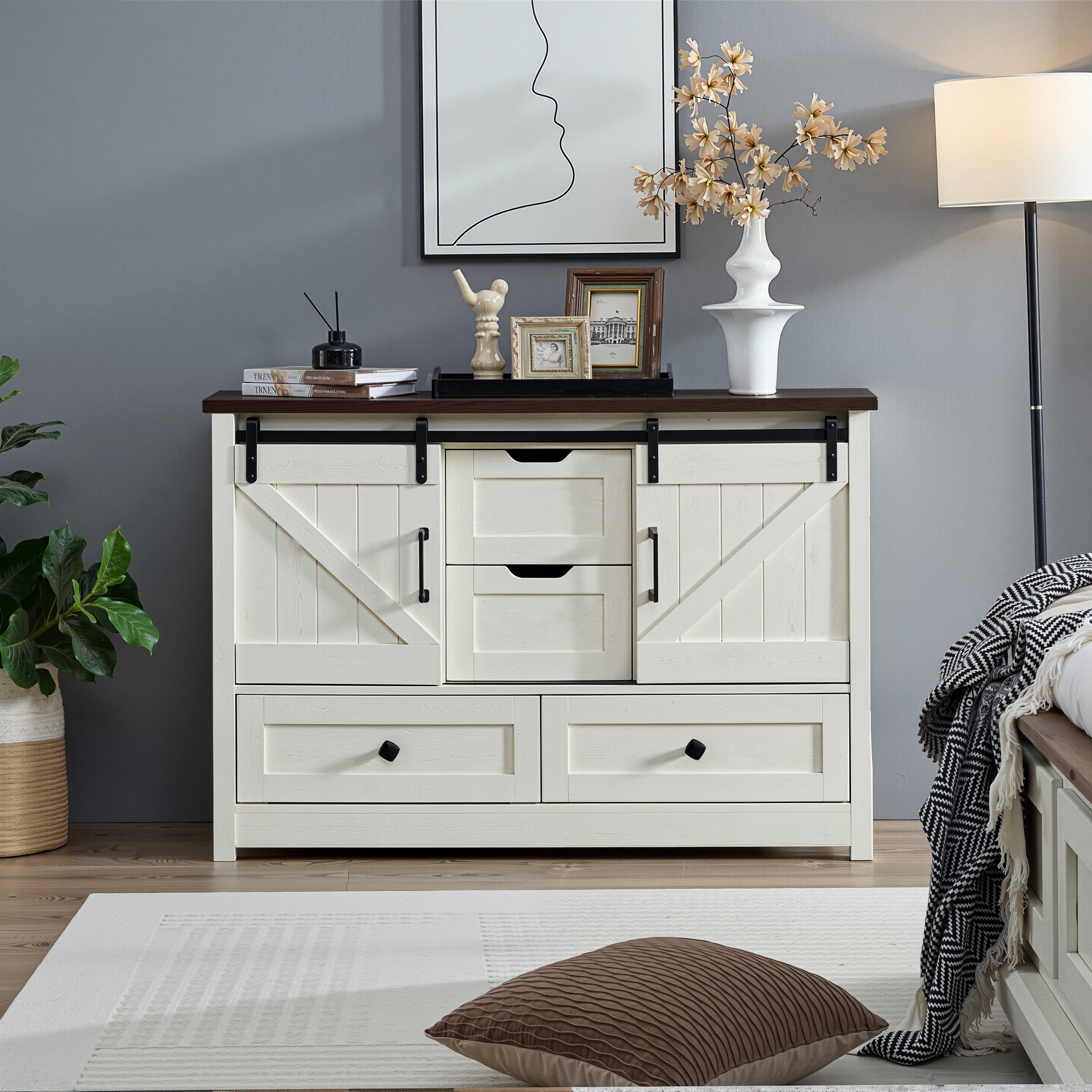 BOSHIRO 4-Drawer Sliding Barn Door Dresser, Antique White with Dark Brown Top, Farmhouse Wide Chest for Bedroom and Living Room