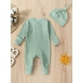 thumbnail image 4 of Jxzom Newborn Baby Boy Girl Clothes Ribbed Romper Solid Long Sleeve Knit Bodysuit Jumpsuit Hat 2Pcs Coming Home Outfit, 4 of 8