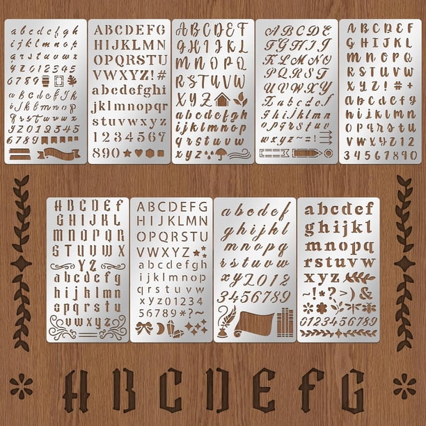 9 plantillas de metal para pirograbado, letras, alfabetos y números para diarios y grabados.
