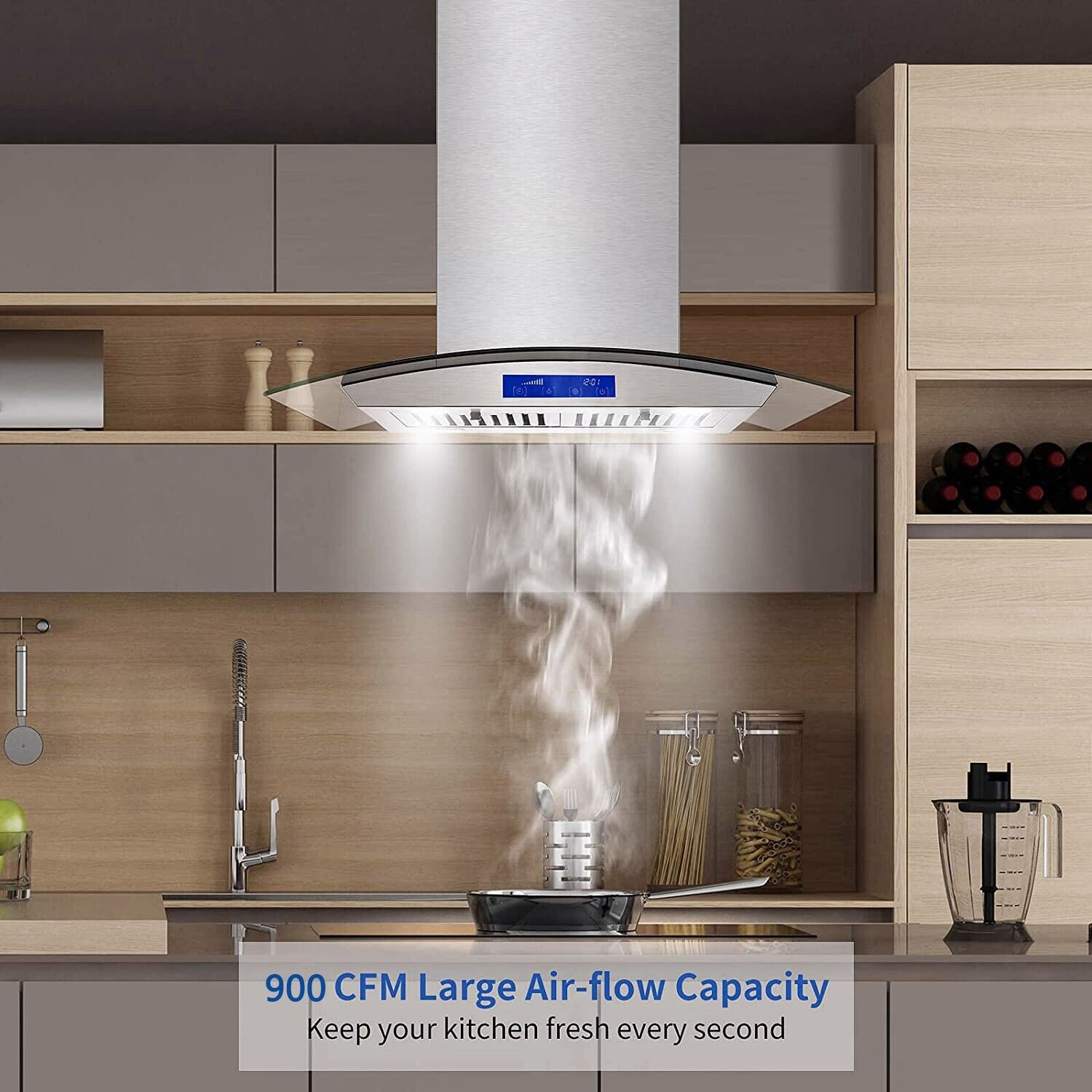 Joeaonz 30-Inch Island Range Hood 900 CFM Stainless Steel with Glass Touch Control & Reusable Filters