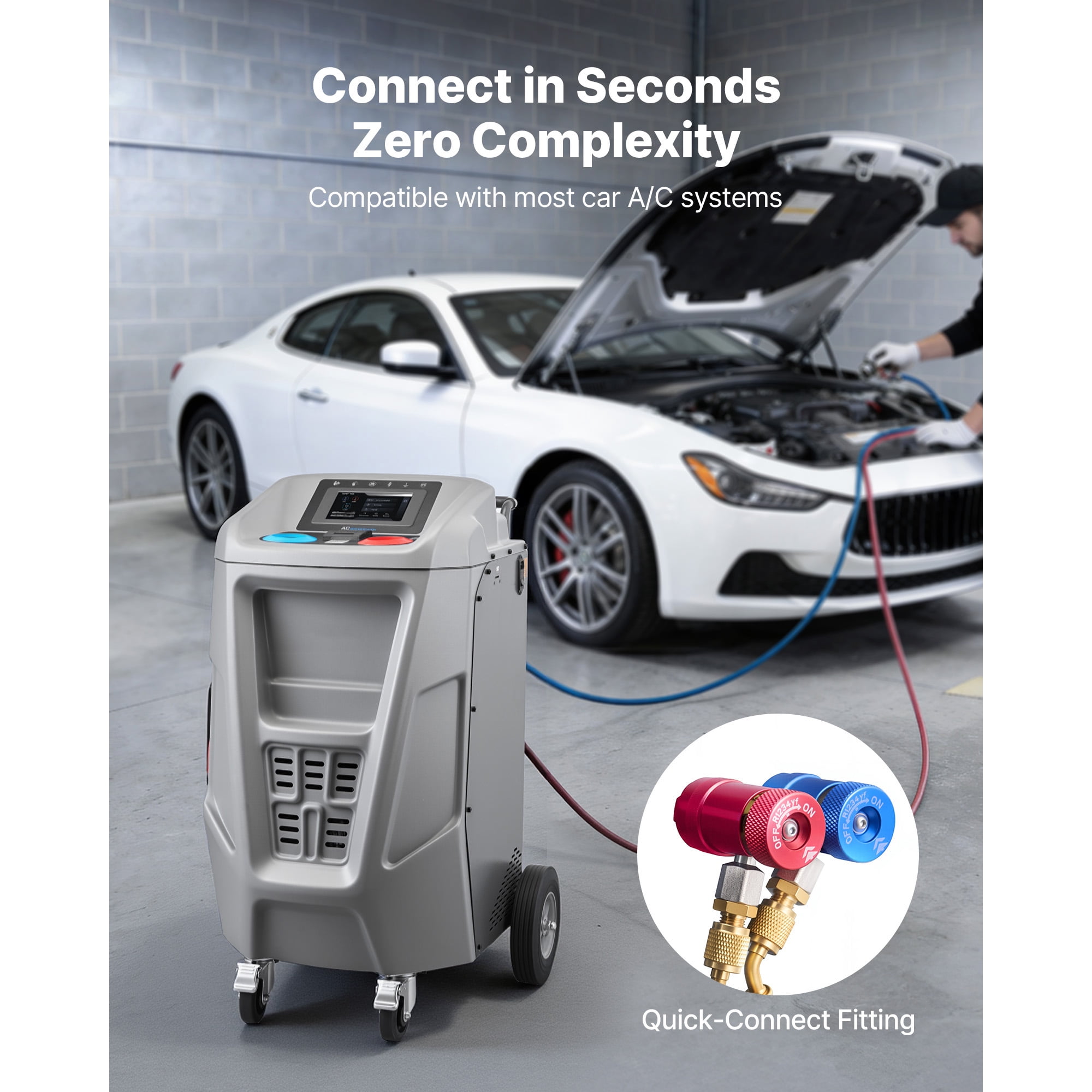 KFFKFF Fully Automatic Refrigerant Recovery Machine for 1234yf, High Accuracy, 7-Inch Touch Screen, AC Recovery, Vacuum, and Recharge for Standard and High Voltage Automotive A/C Systems