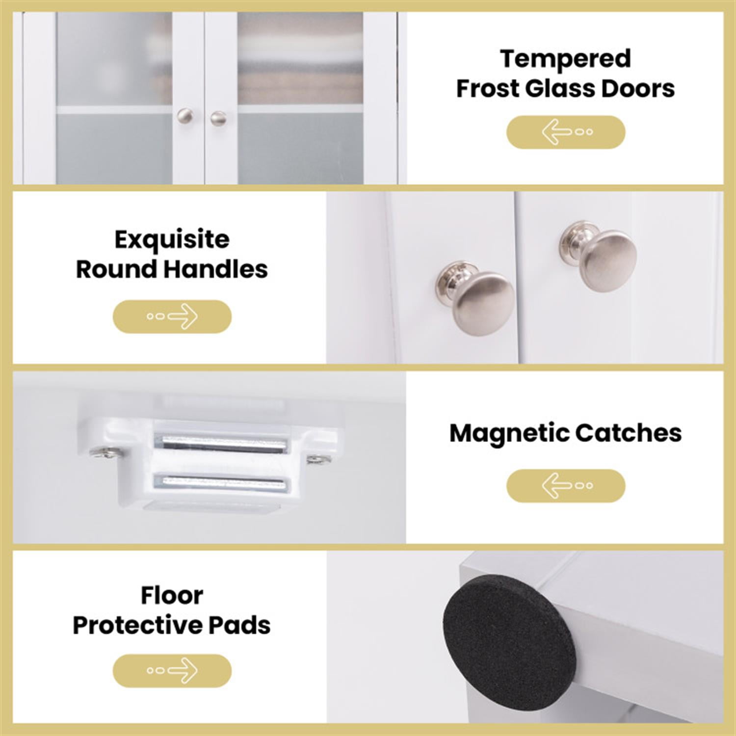 Demi Bonn 64.5" Tall Freestanding Bathroom Storage Cabinet with Frost Glass Doors and Shelves, Pantry Cabinets, White