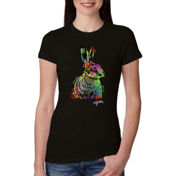 Colorful Rainbow Rabbit Animal Lover Womens Slim Fit Junior Tee, Black, Small