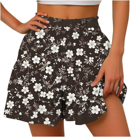 Dwaogom Women s Summer Solid Color High Waisted Shorts With Floral Pleated Hem Casual Shorts Leggings For Women Plus Size Plus Size Panties