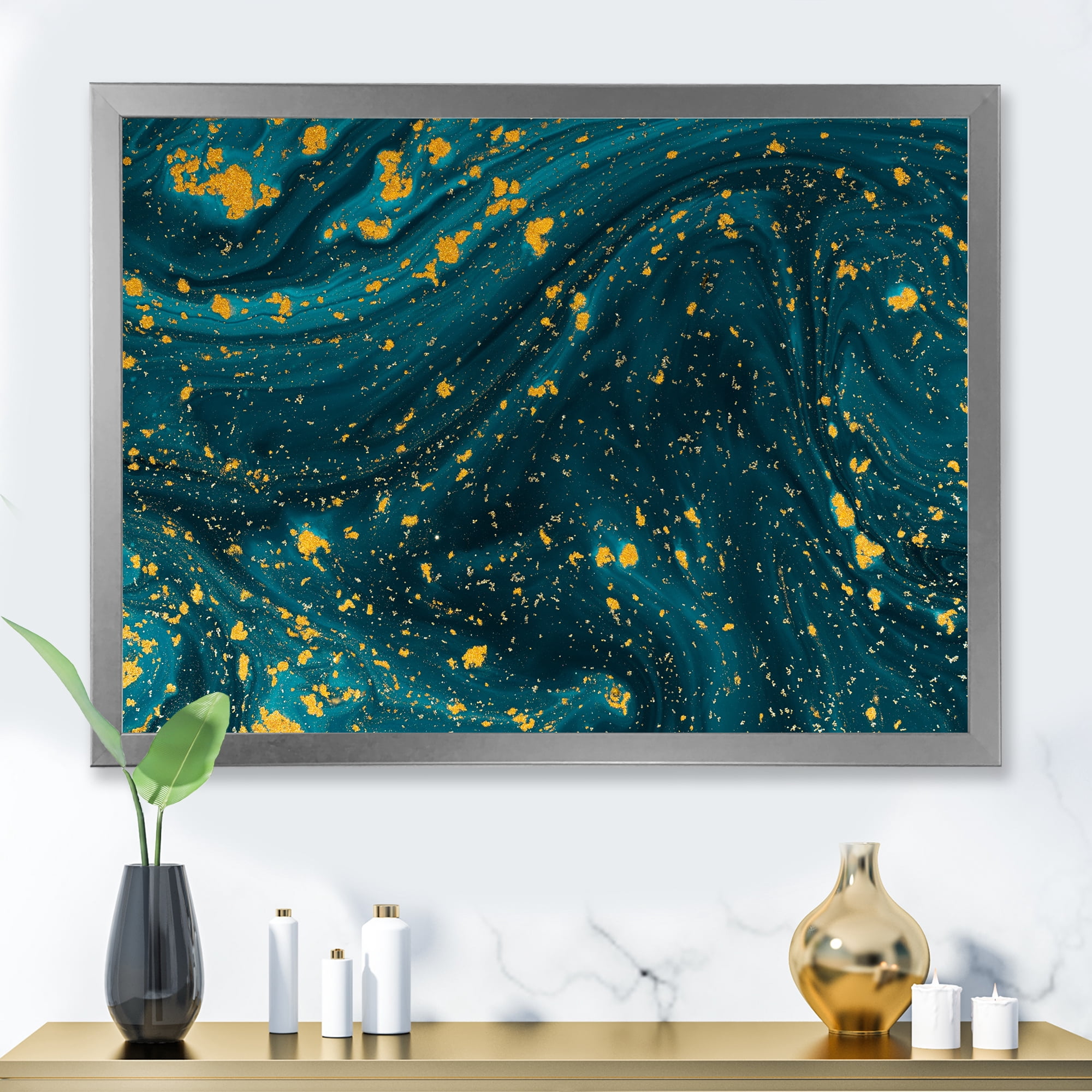 Designart 'Golden Glitter With Dark Blue Marble' Modern Framed Art Print