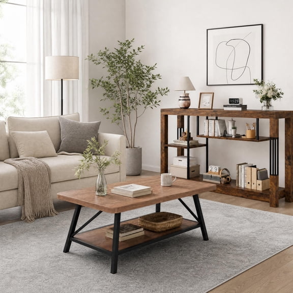 Industrial Farmhouse Living Room Set, 47.2" Console Table & 39" Coffee Table, 2-Piece Storage Shelf Set for Small Spaces