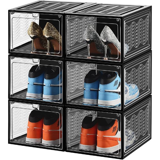 Hard Plastic Drop Front Shoe Storage Box, Luxury Clear Shoe Organizer Containers 6 Pack