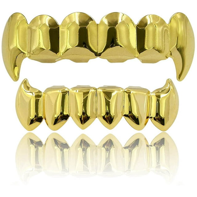 18K oro plateado Hip Hop Vampire Fangs Top Bottom Teeth Grillz Set para hombres y mujeres Ormromra LRWJ453-2