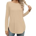 thumbnail image 2 of miqiqism Great discounts！Women Shirts Round Neck Pullover Tops Loose Tunic Blouses Solid Tees Juniors Long Sleeve Clothing Fall,Solid_Khaki,XX-Large, 2 of 6