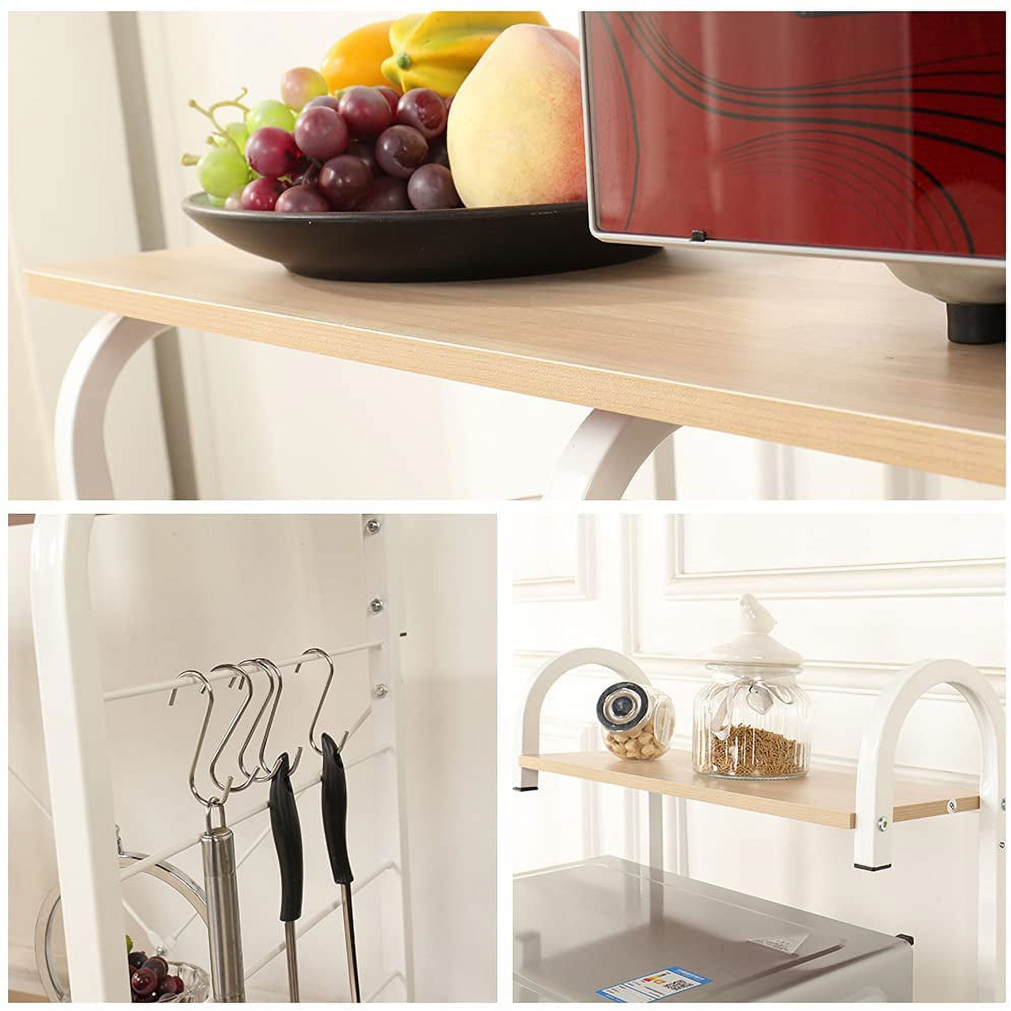 SogesPower Kitchen Stand 4-Tier Storage Shelf with Hooks Microwave Oven Stand Multifunction Workstation Shelf White Oak 35.4"L x 15.4"W x 55.1"H