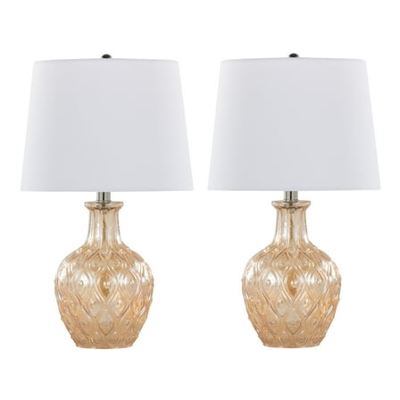 Noaman Gloria Round 20" Contemporary Glass Accent Lamp Set of 2, Clear Champagne Lustre Glass with Chrome Metal Base & White Linen Shade, 12x12x20.5in