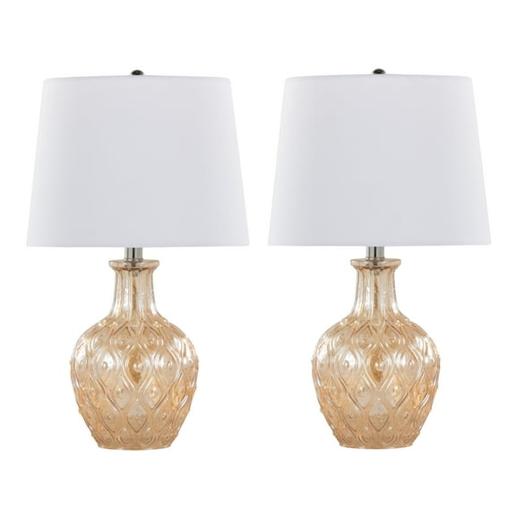 Noaman Gloria Round 20" Contemporary Glass Accent Lamp Set of 2, Clear Champagne Lustre Glass with Chrome Metal Base & White Linen Shade, 12x12x20.5in