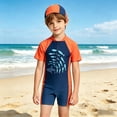 thumbnail image 2 of Girls Swimsuit Kids One Piece Swimsuit Shark Print Crew Neck Short Sleeve Upf Sun Warm Comfortable Swimwear Toddler with Cap Navy 7 Years-8 Years, 2 of 6
